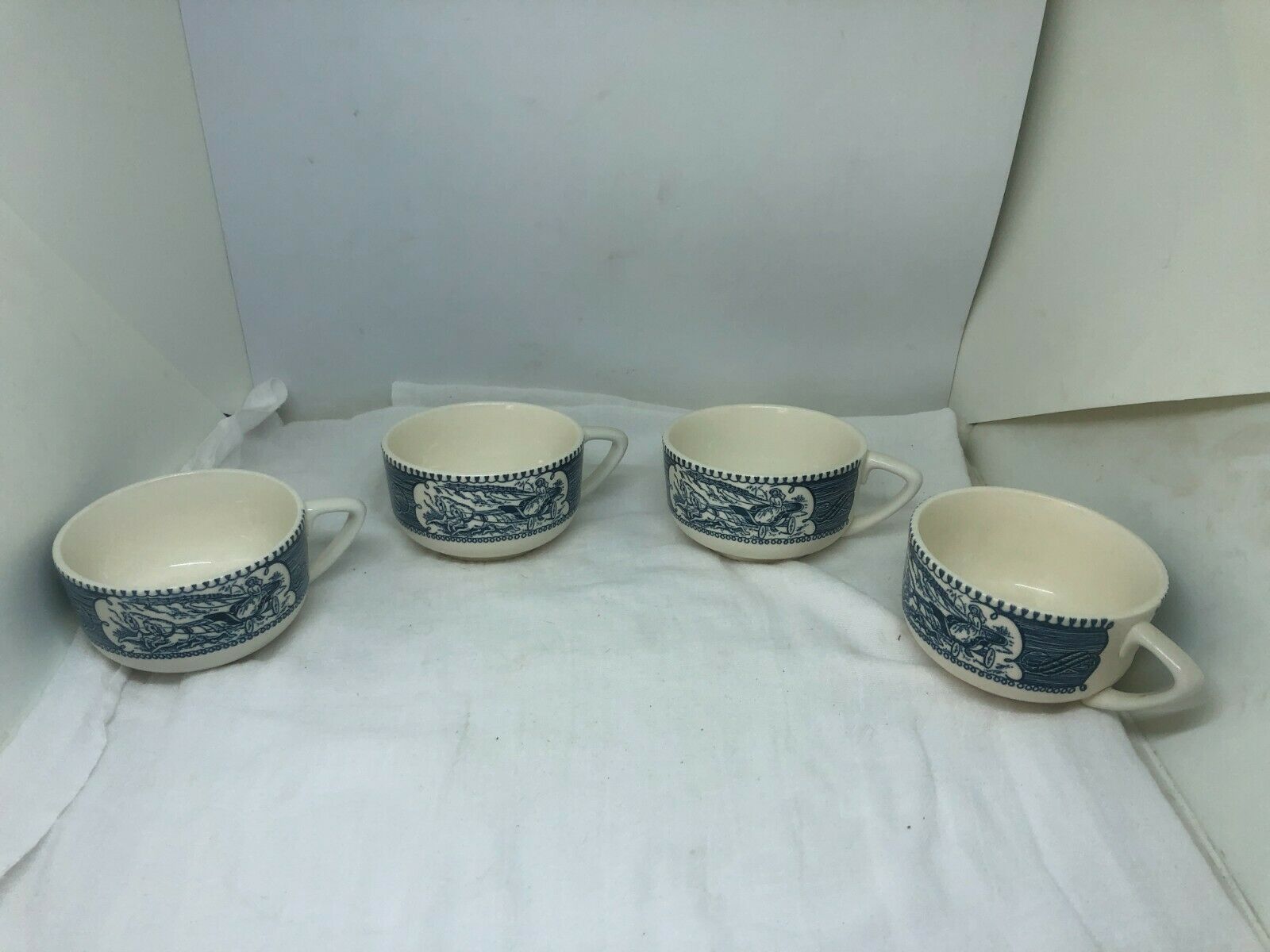 Vintage 4 Currier & Ives Old Grist Mill Horse Buggy Coffee Tea Coffee Cups