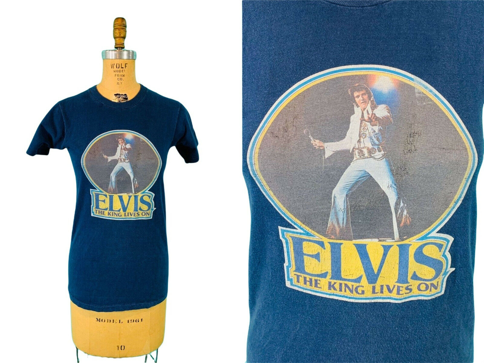 Vintage 1970s Elvis Tee The King Lives On Blue Iron On Graphic T Shirt | B 32"