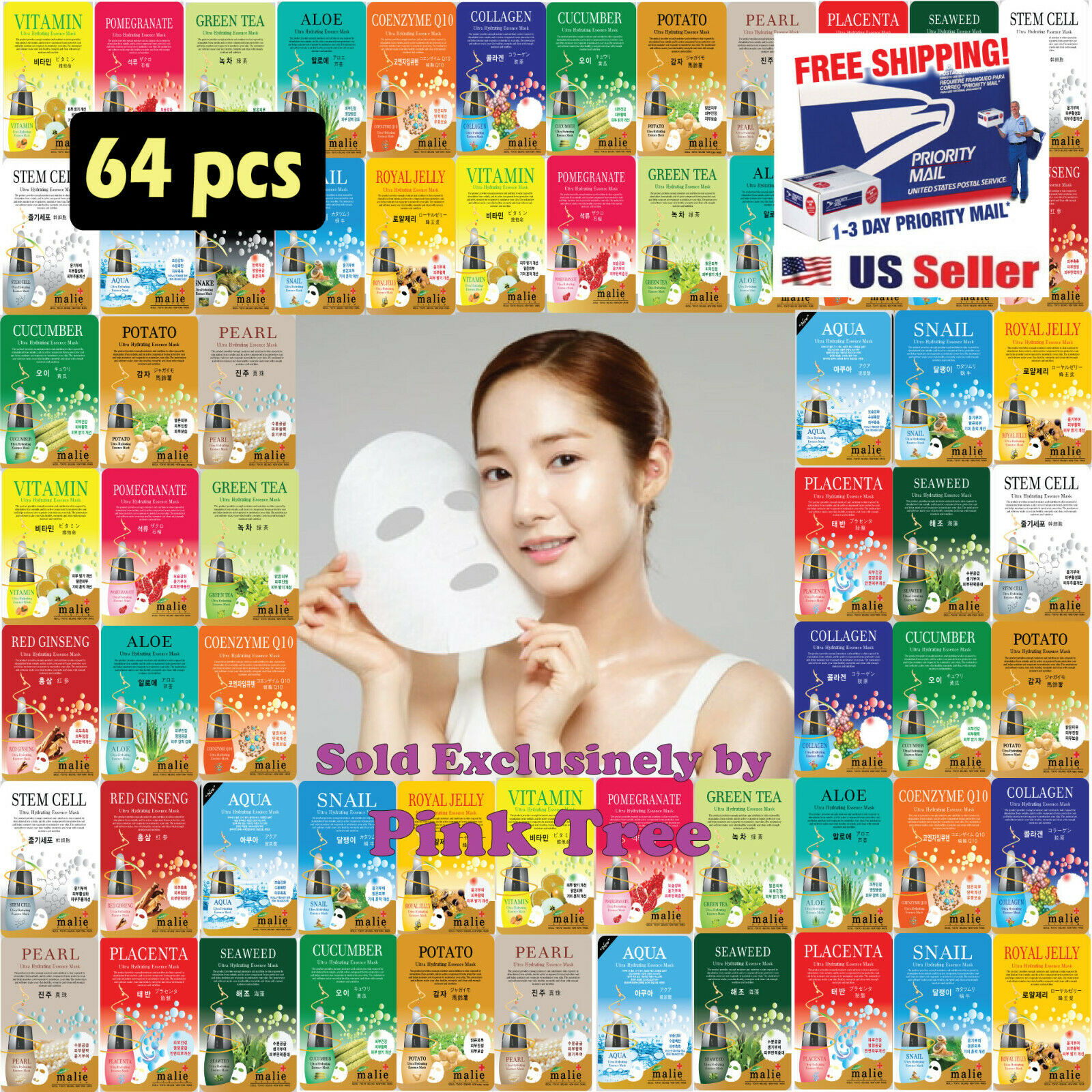 [malie]  64 Pcs Ultra Hydrating Essence Korean Mask Pack, Korean Cosmetic Sheets