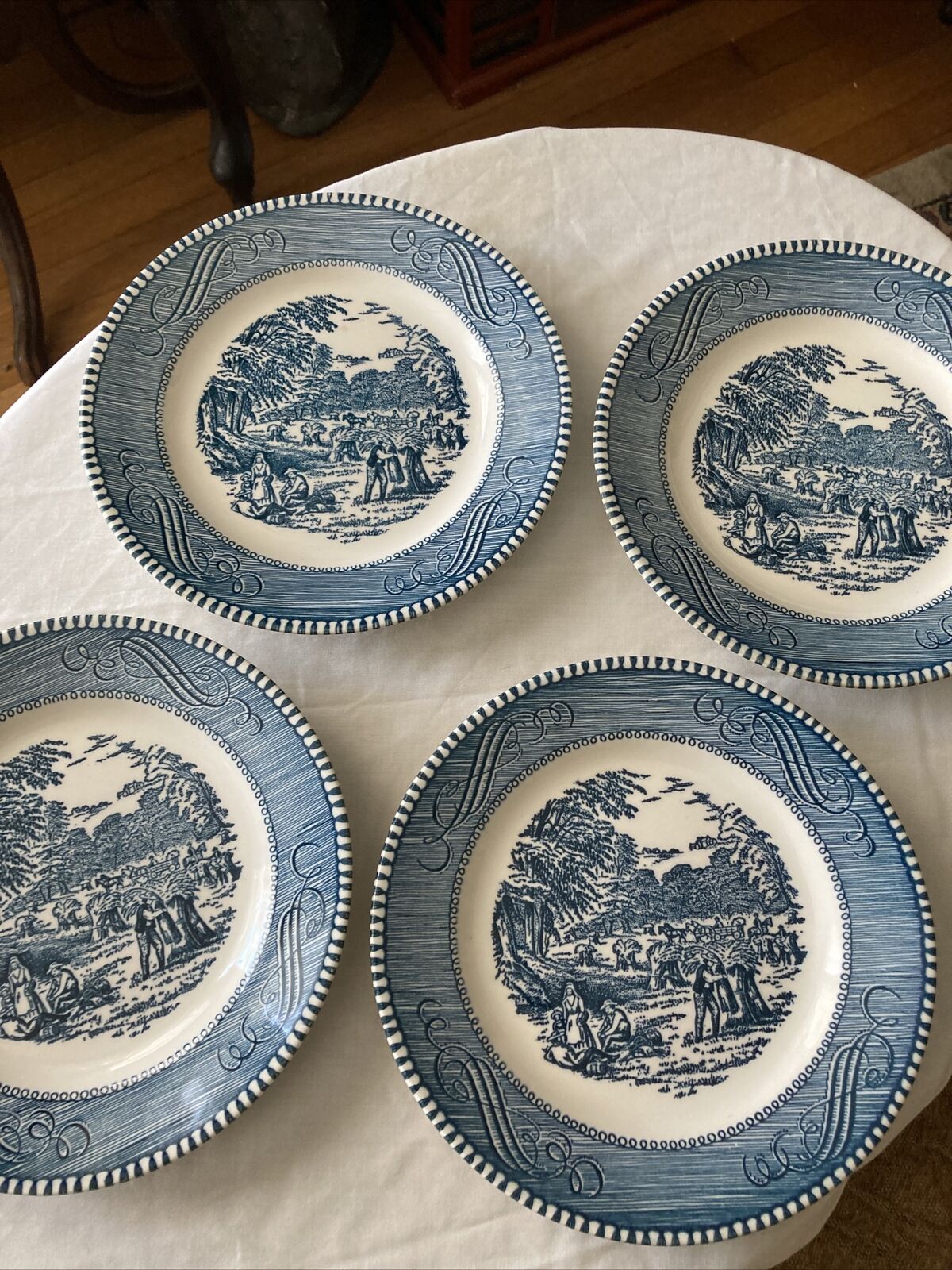 4 Bread & Butter Plates Currier & Ives By Royal 6-1/2" The Harvest Imperial Blue