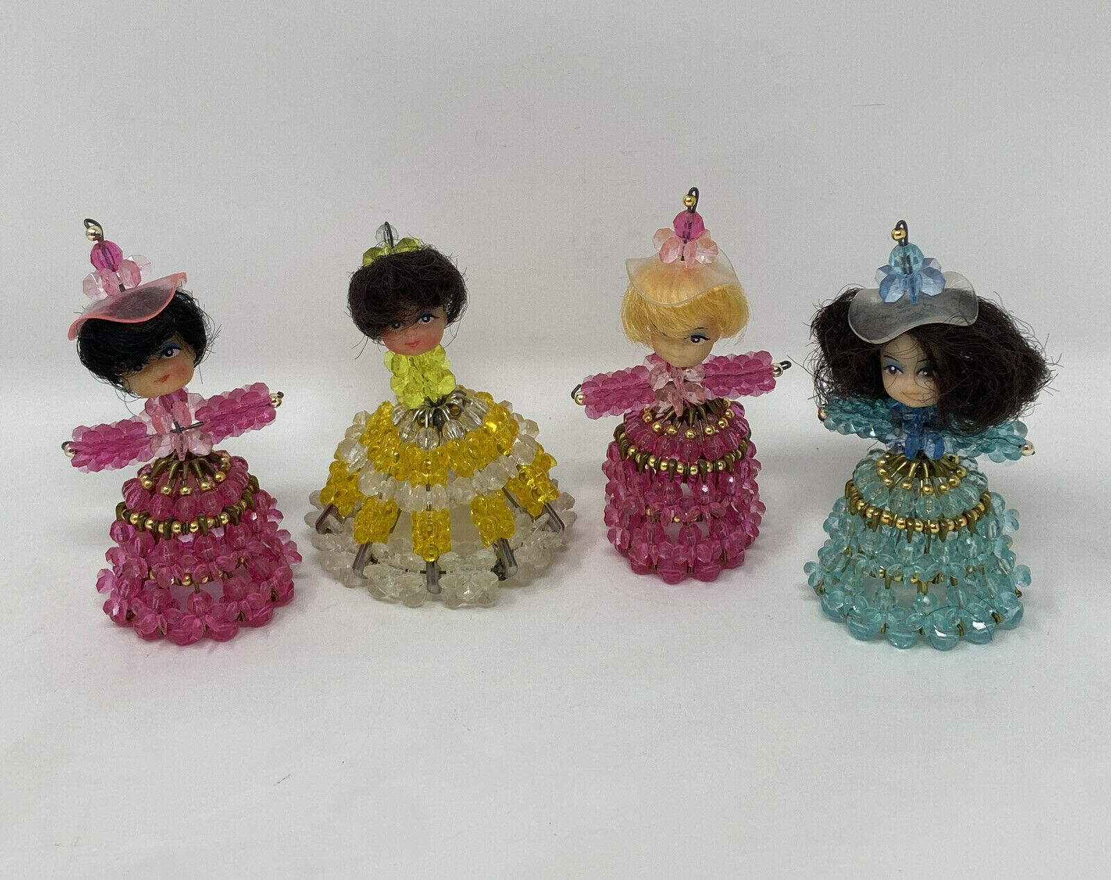 Vintage Lot Of 4 Kiddle Clone Doll Heads On Beaded Dresses Ornaments Safety Pin