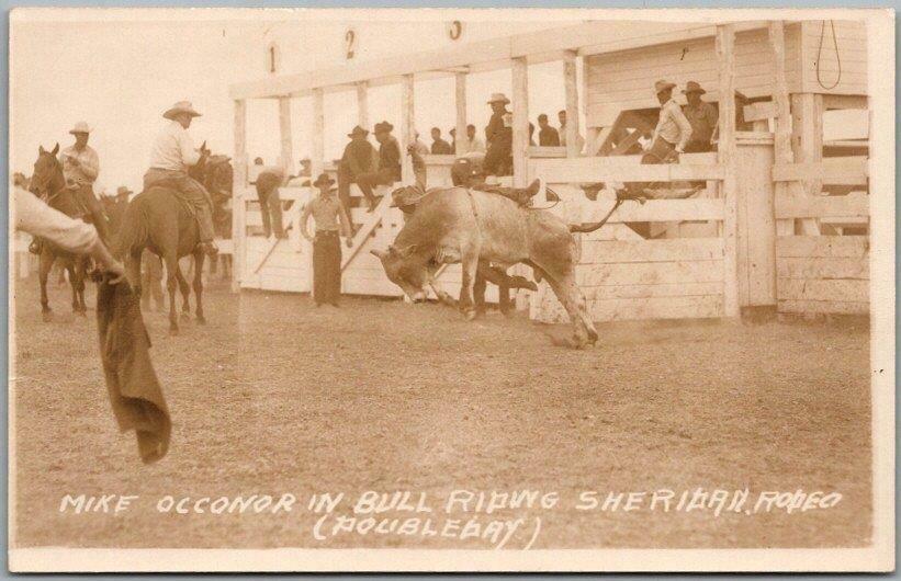 1940s Sheridan Rodeo, Wyoming Rppc Photo Postcard "mike O'connor In Bull Riding"