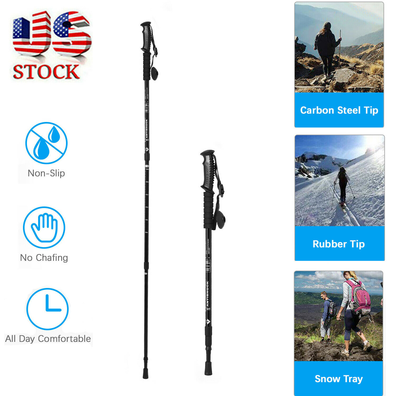 Trekking Walking Hiking Sticks Pole Alpenstock Anti-shock 3 Section Adjustable